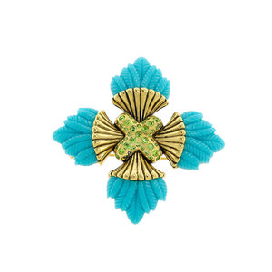 CLEOFE - A cross shaped motif with leaves elements made of antique gold with peridot crystals and turquoise resin. - A.Z. Bigiotterie