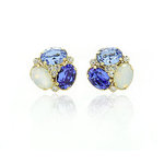 Light gold with crystals and ovals in light sapphire, sapphire and white opal